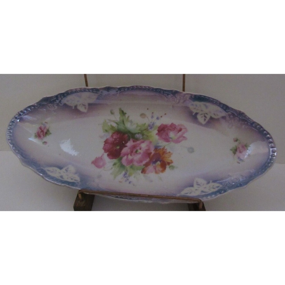Vintage Hand Painted Roses 12 1/2" Lusterware Relish Dish Made In Germany